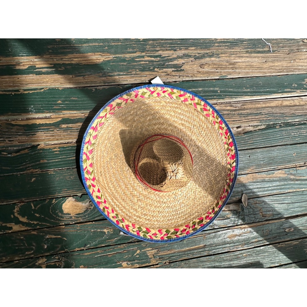 Woven Straw Sombrero Hat Blue Trim Pink Green Pattern Wide Brim Sun Hat